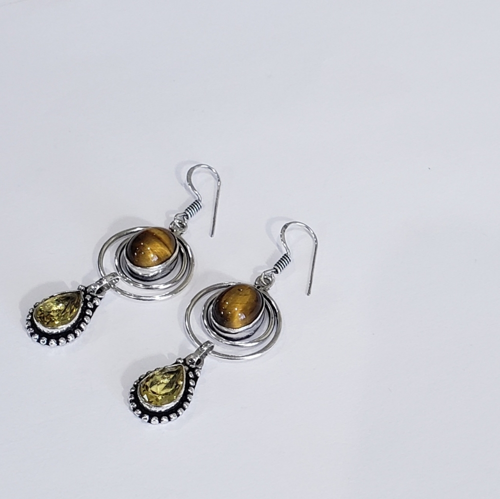 Tiger eye earrings, 925 silver tiger eye citrine dangle earrings - Picture 6 of 12